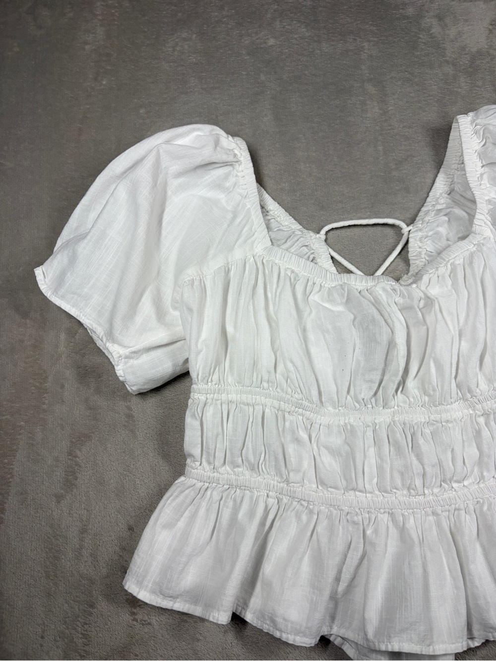 Free People White 100% Cotton Cropped Puff Sleeve Lace Up Blouse Top Size Large - Picture 2 of 16